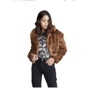 Free People Mena Faux Fur Jacket M Brown Womens cropped lined collard coat